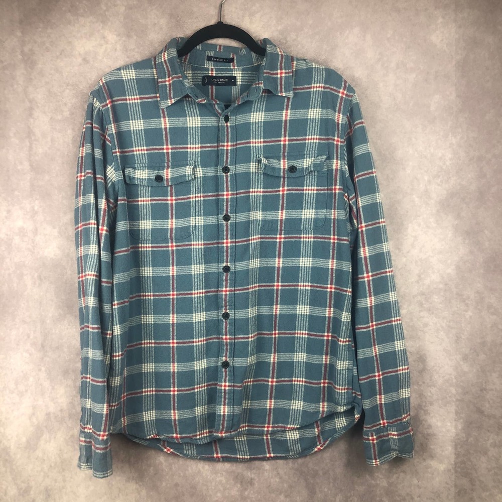 Lucky‎ Brand Shirt Mens Medium Plaid Blue Button Up Long Sleeve Cotton Western